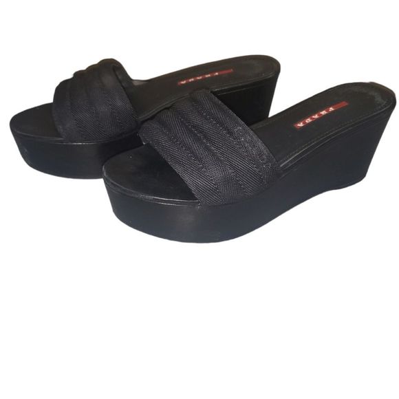 PRADA Vintage Y2K 2000s Black Mesh Leather Platform Slip-on Sandal Size 36 - Picture 1 of 7